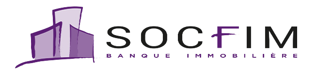 Logo SOCFIM Banque Immobilière avec des bâtiments violets stylisés à gauche