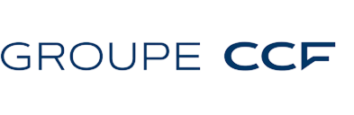 Texte bleu affichant « GROUPE CCF » sur un fond blanc.