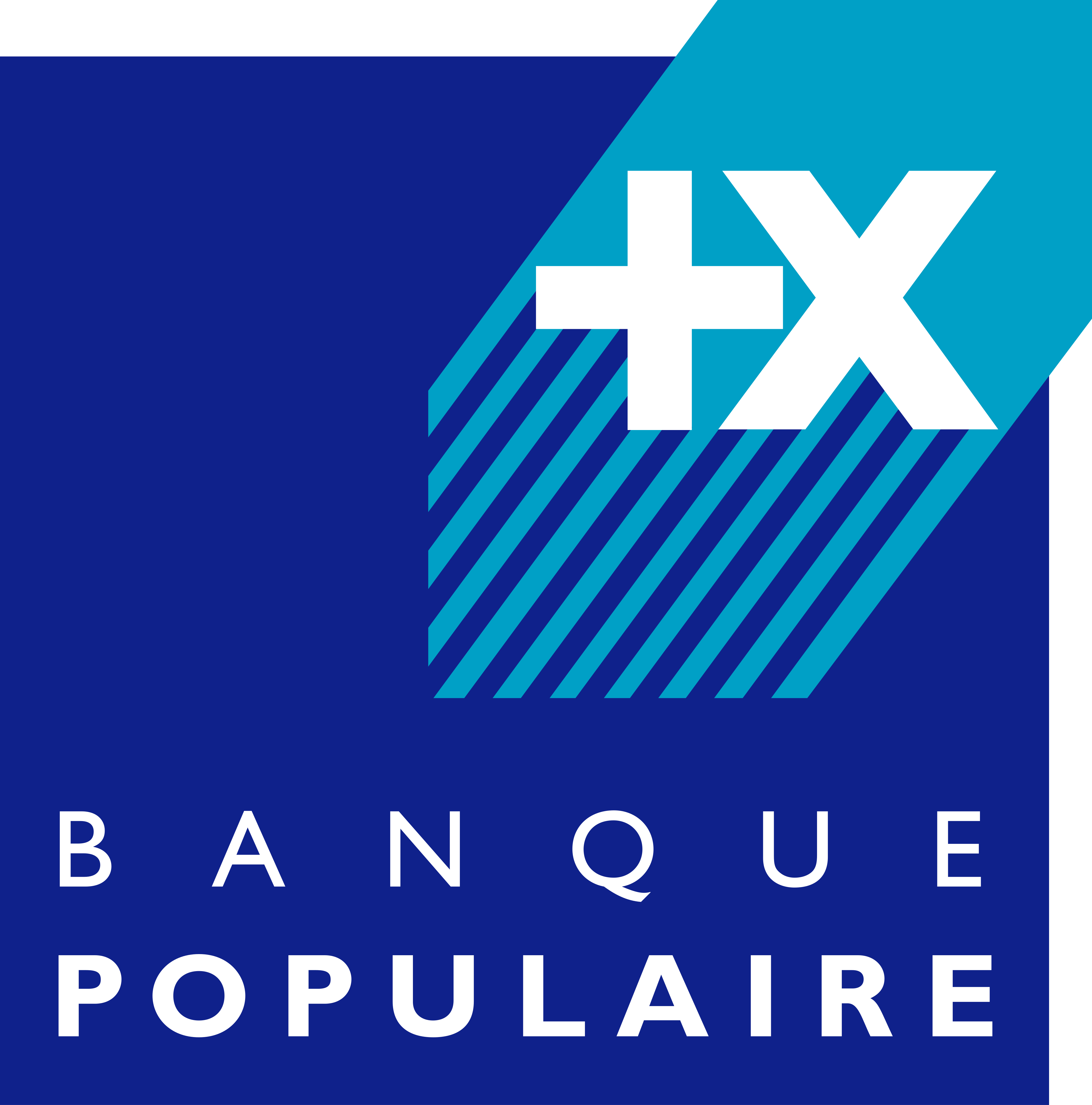 Logo Banque Populaire avec un signe plus blanc et un X sur fond bleu et turquoise.