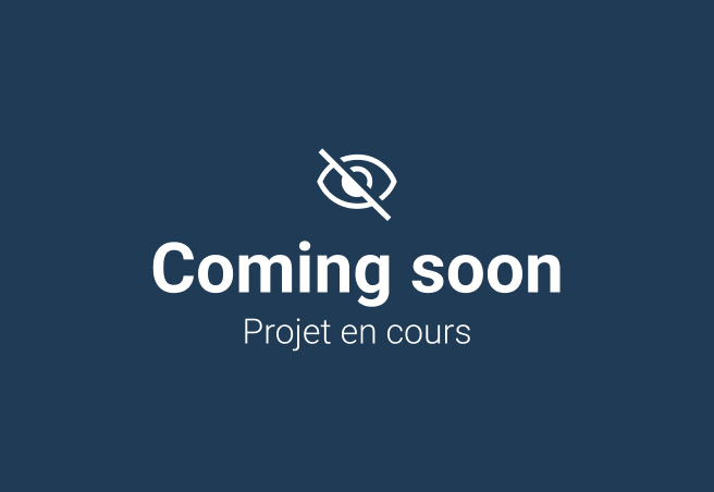 Icône d'œil barré avec texte « Bientôt disponible » et « Projet en cours » sur fond bleu foncé.