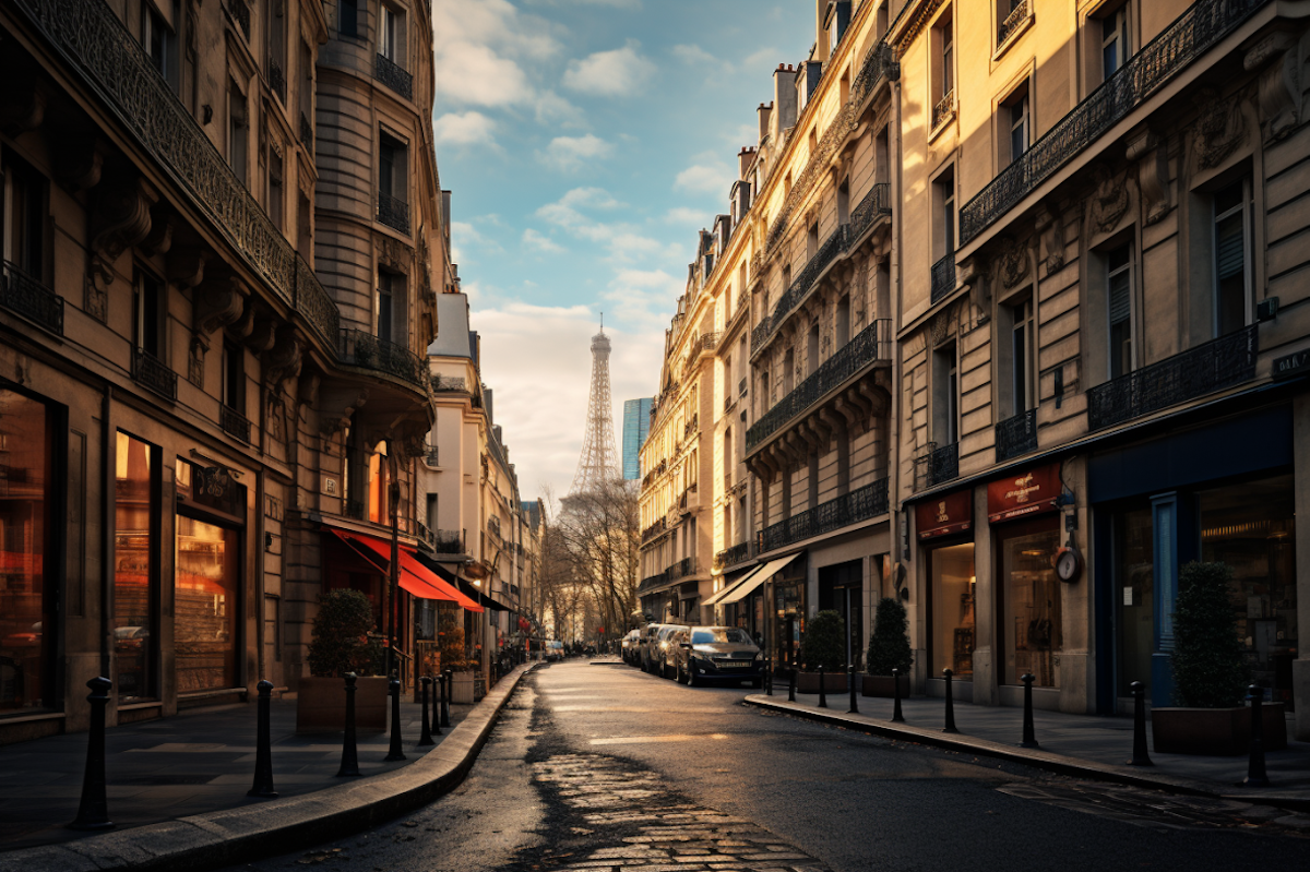 Immeuble haussmannien éclairé au coin d’une rue avec traces lumineuses de voitures la nuit à Paris.