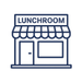 Blauw pictogram van een lunchroom met bestek boven de ingang.