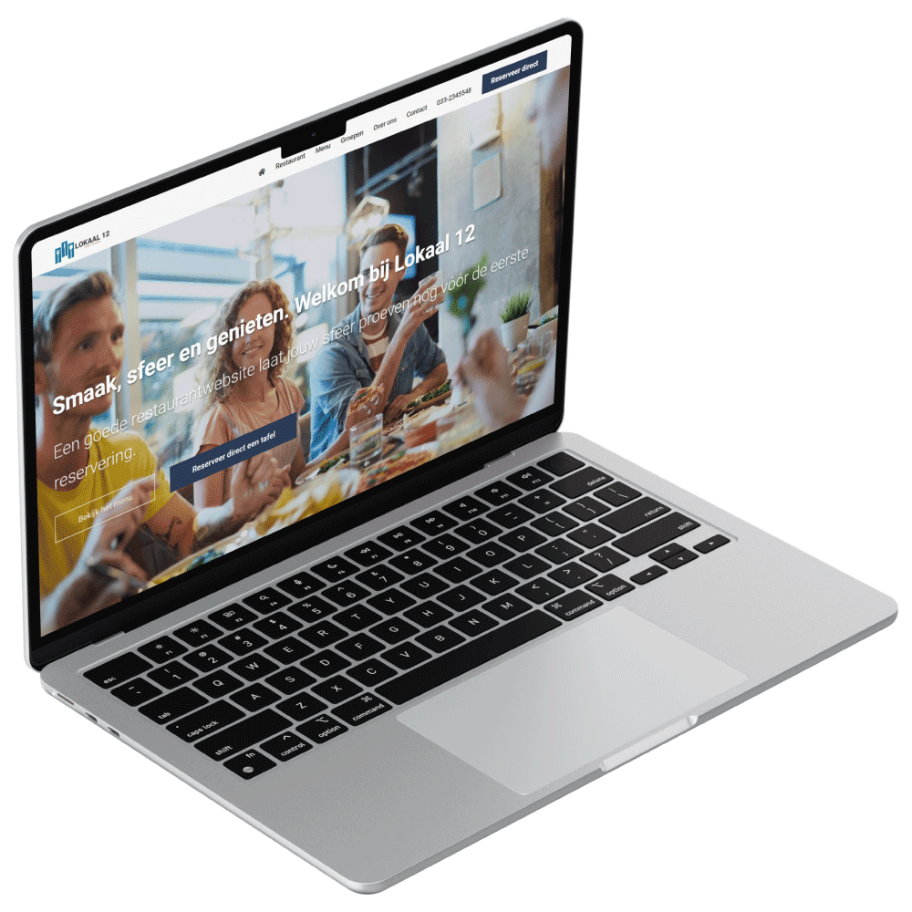 Open laptop toont restaurantwebsite met tekst over smaak, sfeer en online reserveren bij Lokaal 12.