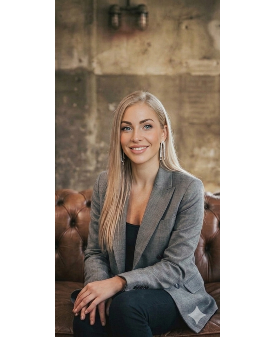 Vrouw met lang blond haar, grijs colbert en glinsterende oorbellen, zittend op een leren bank.