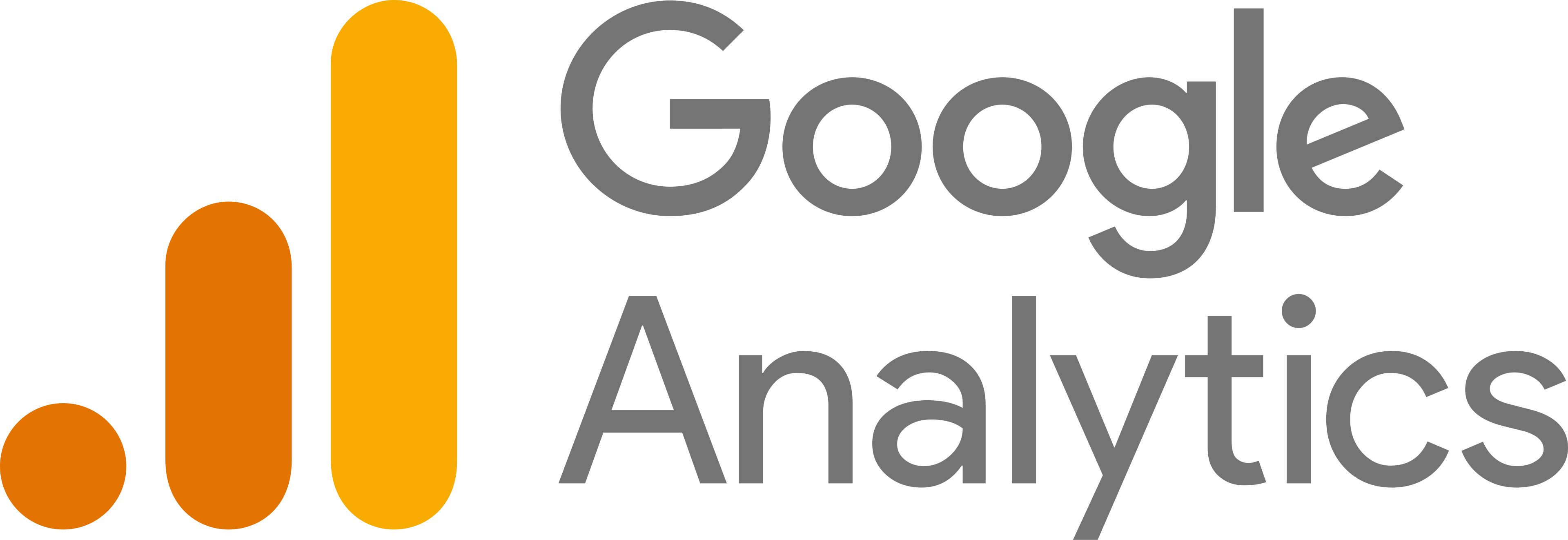 Logo van Google Analytics met drie verticale staafdiagrammen in oranje en geel.