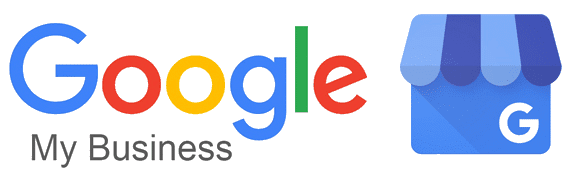 Logo van Google Mijn Bedrijf met een blauwe winkelpui en gekleurde tekst