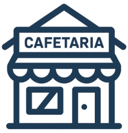 Pictogram van een cafetaria met een luifel en een deur.