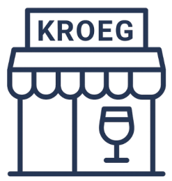 Pictogram van een kroeg met een gevelbord en een glas wijn voor de ingang.