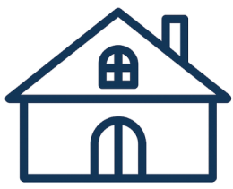 Simpel pictogram van een huis met dak, schoorsteen, ramen en deur.