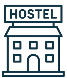 Icoon van een herberggebouw met een bord 'HOSTEL' erboven.