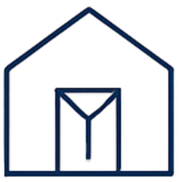 Eenvoudige lijntekening van een huis met een deur en een driehoekig dak.