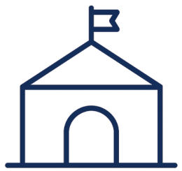 Pictogram van een tent met een vlag bovenop, symbool voor een evenementlocatie.