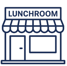 Eenvoudige lijntekening van een lunchroom met luifel, deur en raam.