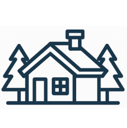 Een huis met schoorsteen en twee dennenbomen aan weerszijden.