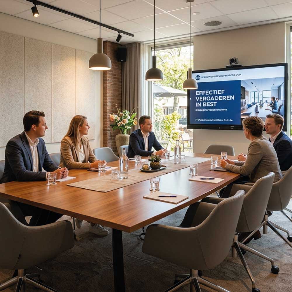 Vijf professionals zitten aan een vergadertafel met glazen water, pennen en notitieboekjes.