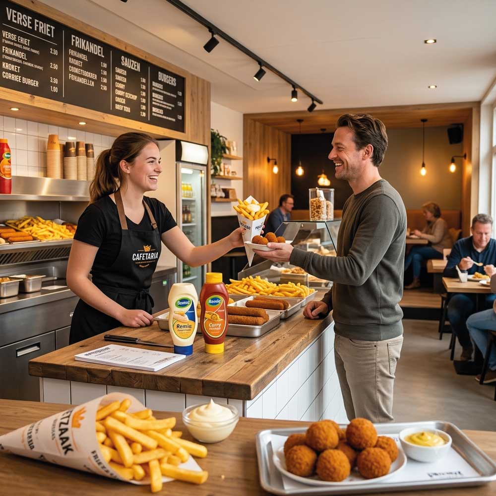 Vrolijke serveerster geeft snacks en friet aan een lachende klant in cafetaria.