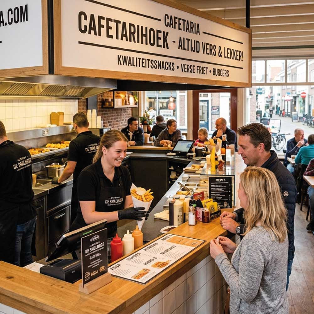 Vrolijke serveerster geeft portie friet aan klanten in drukke, gezellige cafetaria.