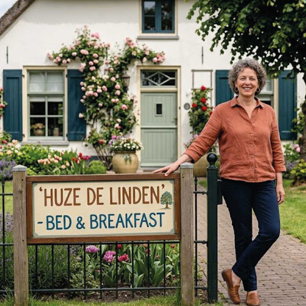 Vrouw staat naast bord 'Huze de Linden Bed & Breakfast' voor een huis met bloemen rondom.