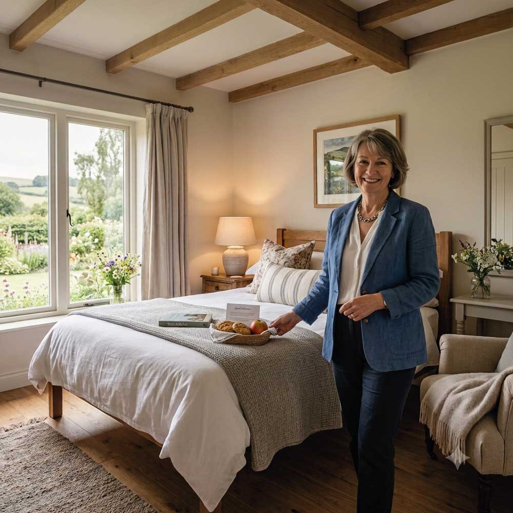 Vrouw die een mand met fruit en koekjes op een bed in een gastenkamer met uitzicht op tuin houdt.