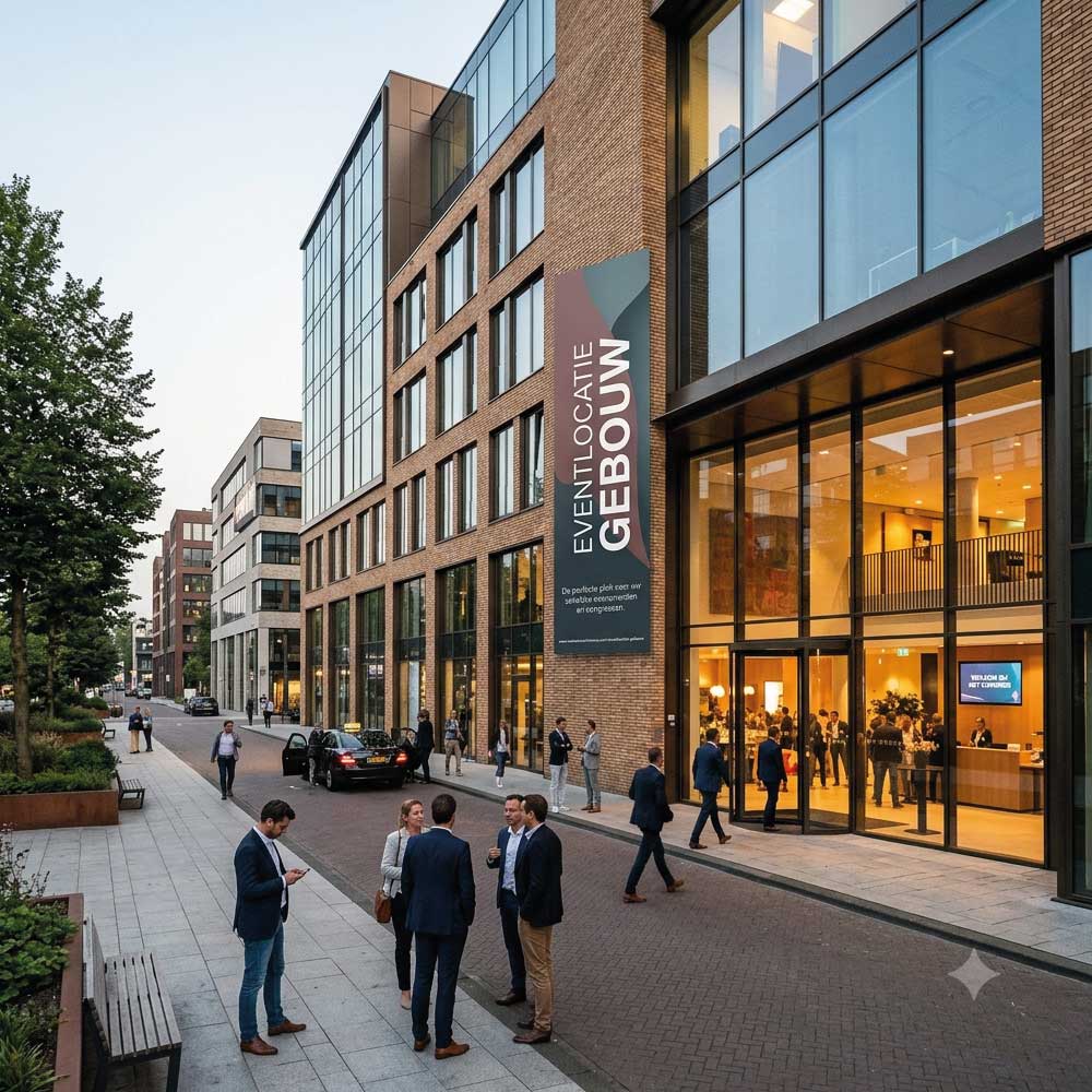 Mensen in zakelijke kleding praten en lopen buiten een modern eventlocatiegebouw met grote ramen.