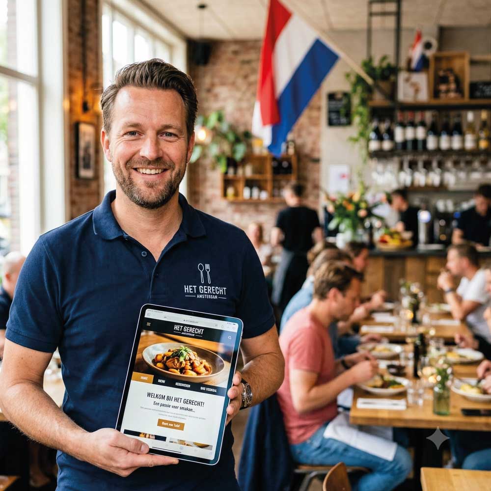 Een glimlachende man in een Het Gerecht-polo toont een tablet met de restaurantwebsite.
