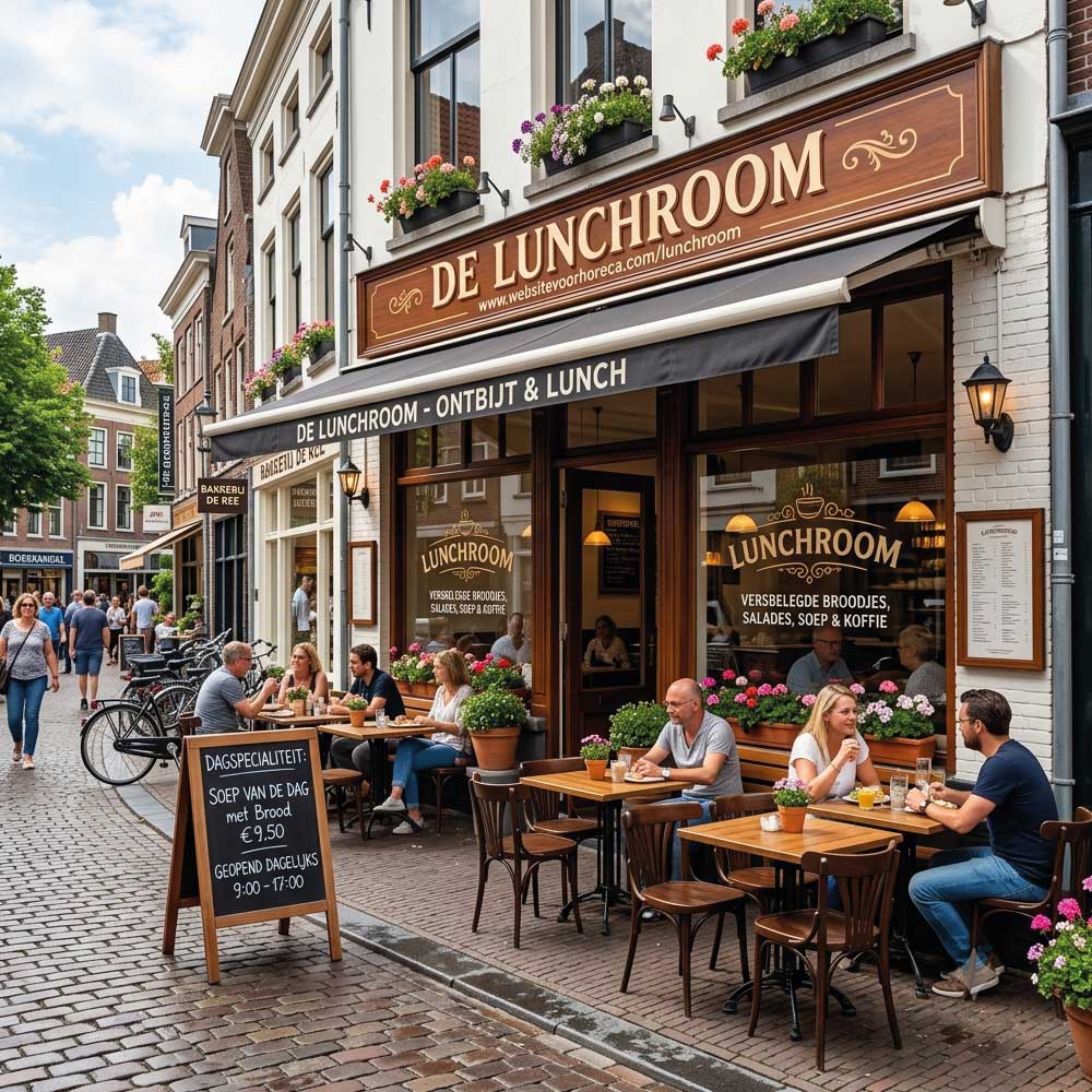 Buitenterras van De Lunchroom met mensen die buiten zitten aan tafels in een gezellige straat.