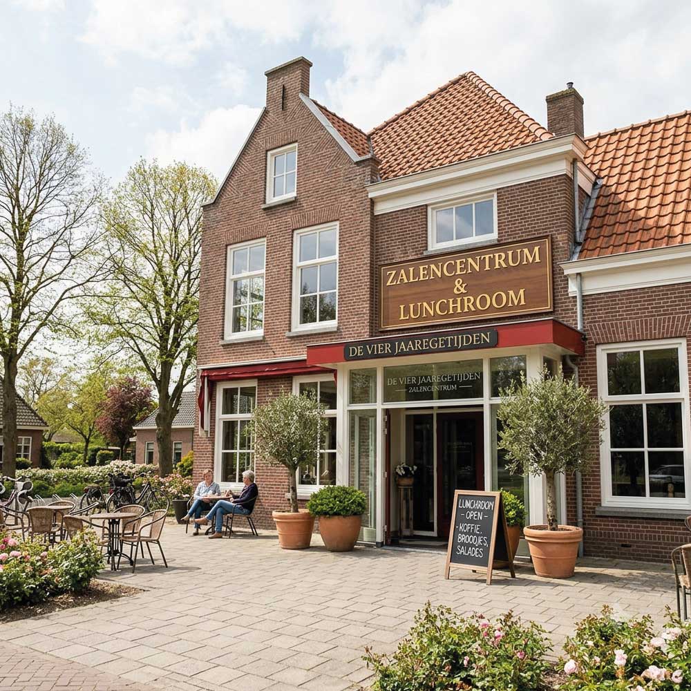 Buitenkant van een zalencentrum en lunchroom met terras, planten en twee zittende personen.