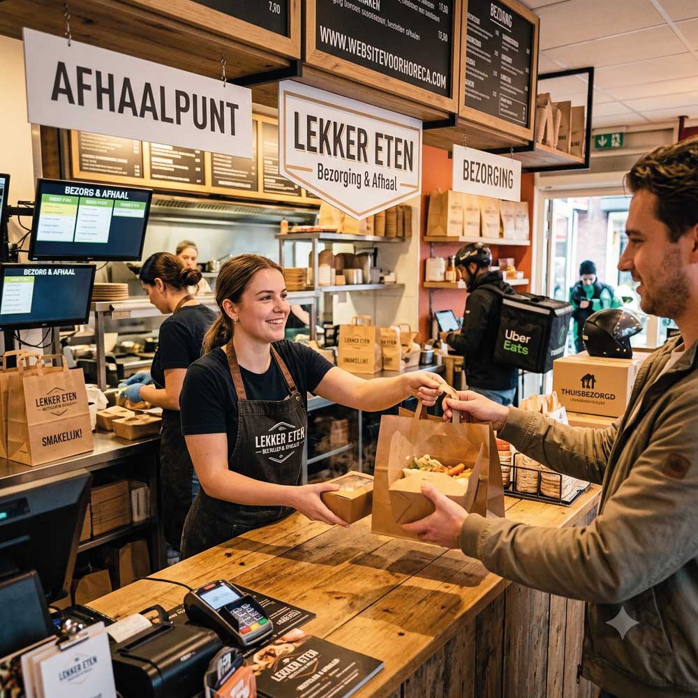Vrouw geeft klant een afhaalmaaltijdverpakking bij een drukbezette afhaalrestaurantbalie.