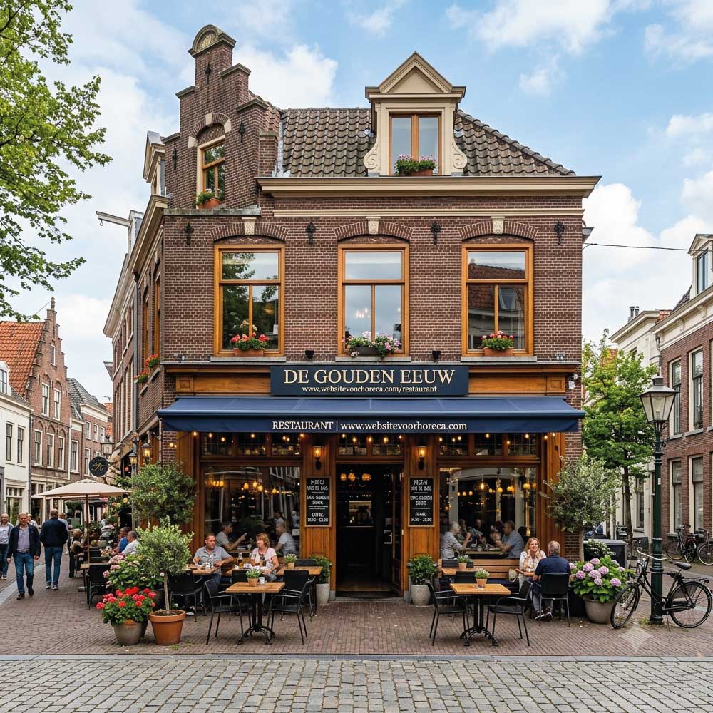 Terras van restaurant De Gouden Eeuw in een historisch Nederlands gebouw met bloemen en zitplaatsen buiten.