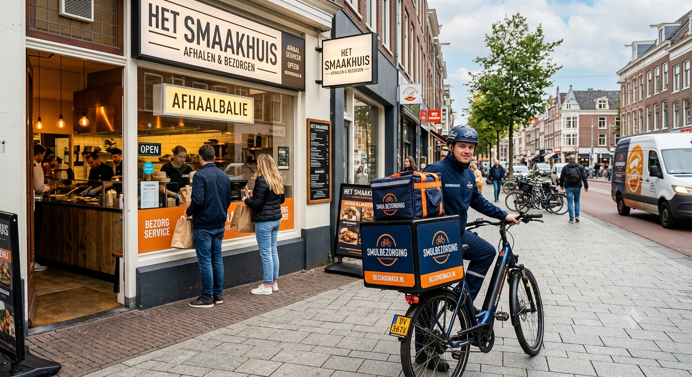 Bakketsfietskoerier rijdt voorbij Het Smaakhuis restaurant op Nederlandse straat.