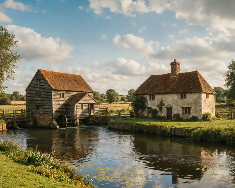 Flatford Mill and Willy Lott’s Cottage beside the River Stour in Dedham Vale, Essex