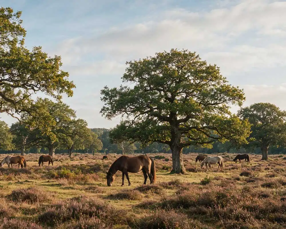 New Forest ponies grazing on heathland among large oak trees in Hampshire