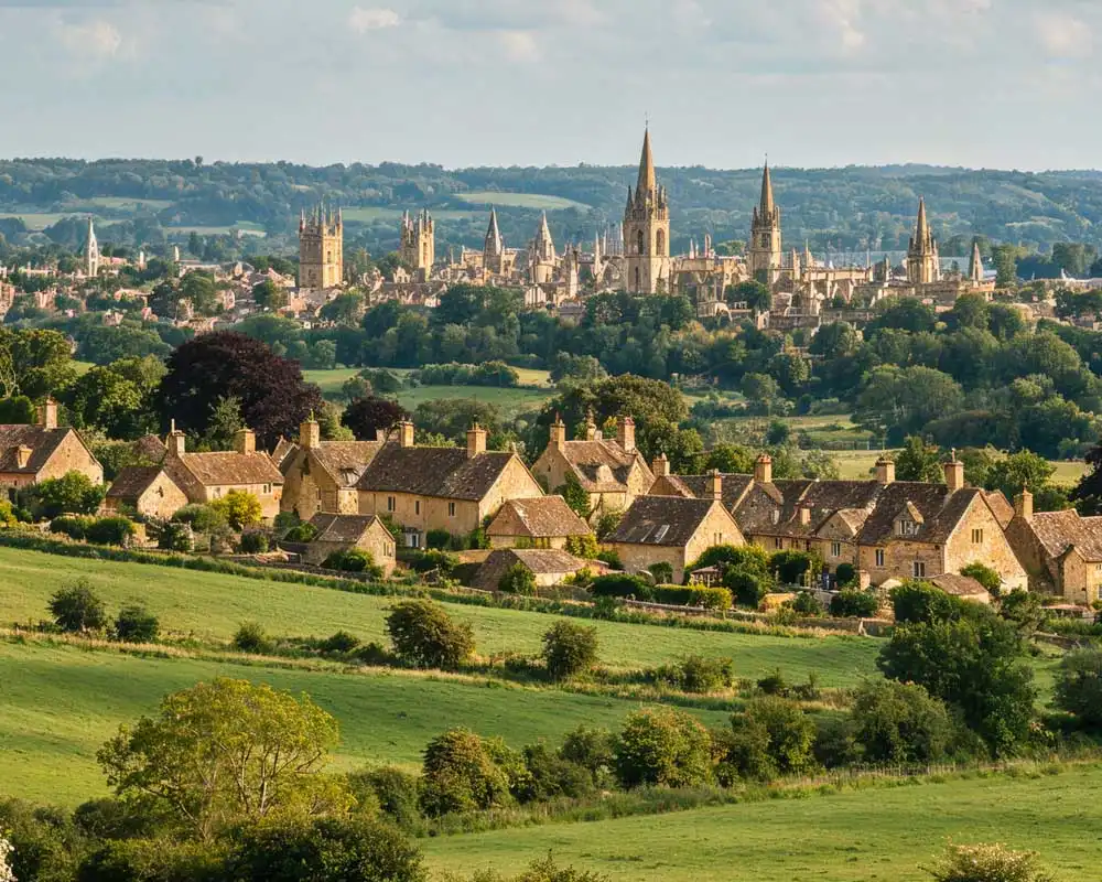 Oxfordshire countryside with a Cotswold stone village among green fields and hedgerows, and the spires of Oxford on the horizon