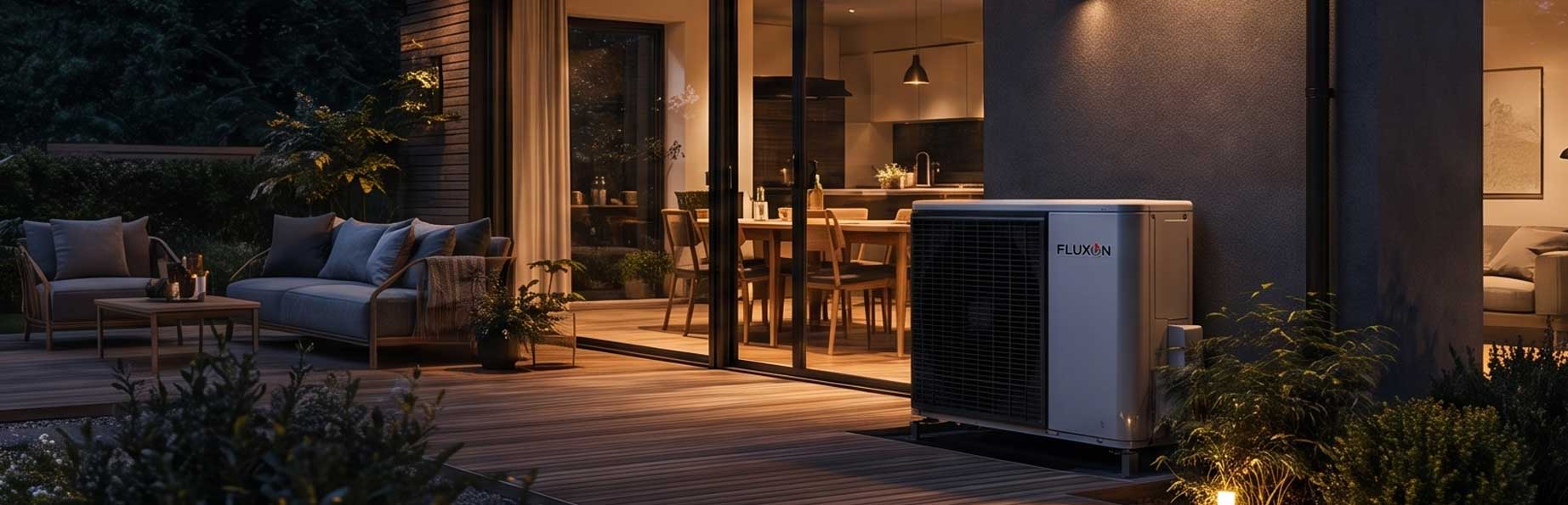 Modern home with an energy-efficient air source heat pump installed outside, providing renewable heating and cooling for residential properties.