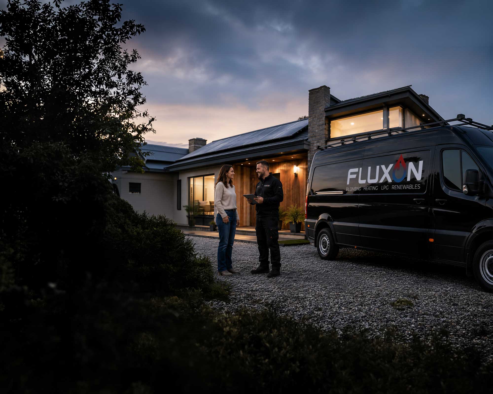 Fluxon engineer discussing renewable heating installation with homeowner outside a modern house featuring solar panels, branded service van, and Vaillant air source heat pump.