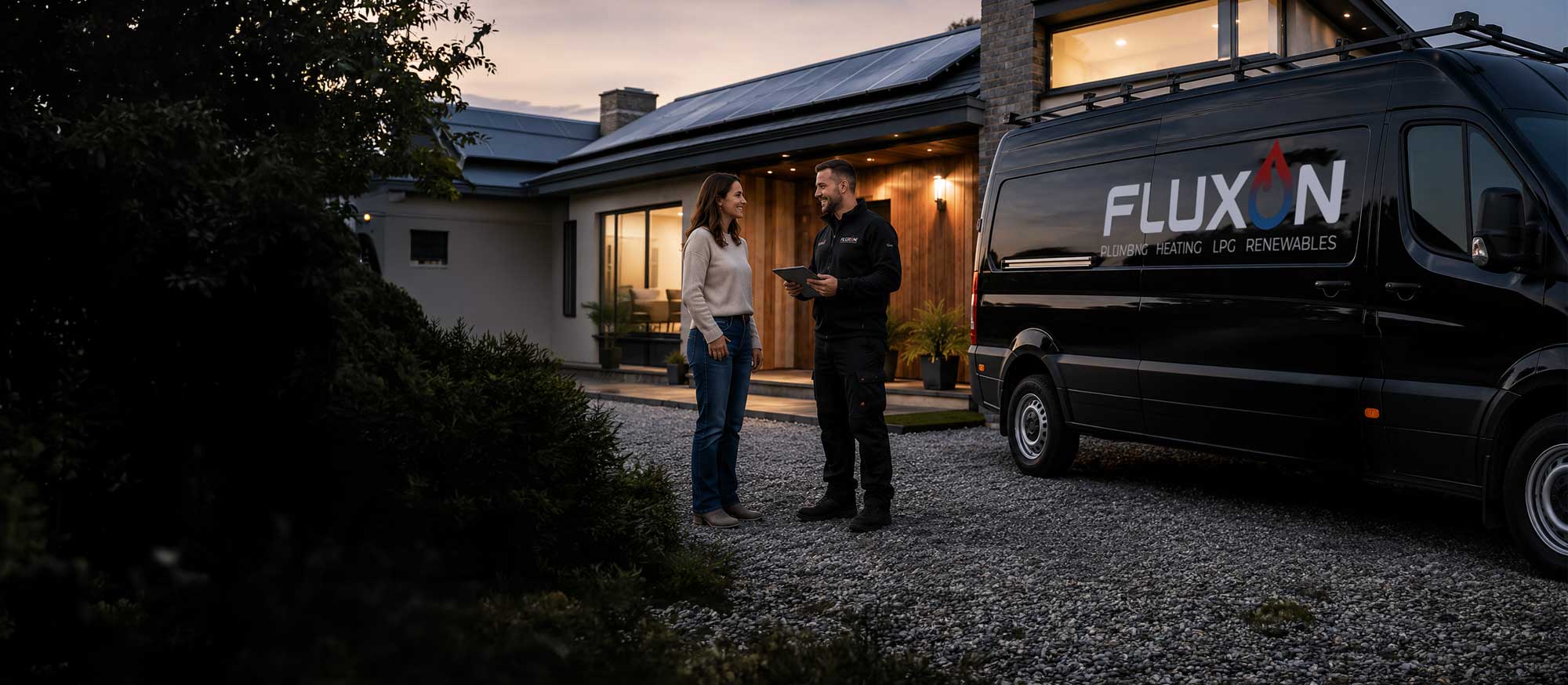 Fluxon renewable energy engineer consulting with a homeowner beside a branded service van and Vaillant air source heat pump outside a modern home with rooftop solar panels.