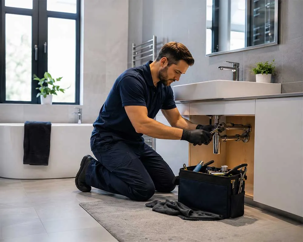 Professional plumber repairing pipework beneath a modern bathroom sink in Hampshire.