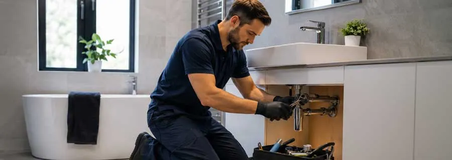 Qualified plumbing engineer fixing a bathroom sink in a clean modern home.