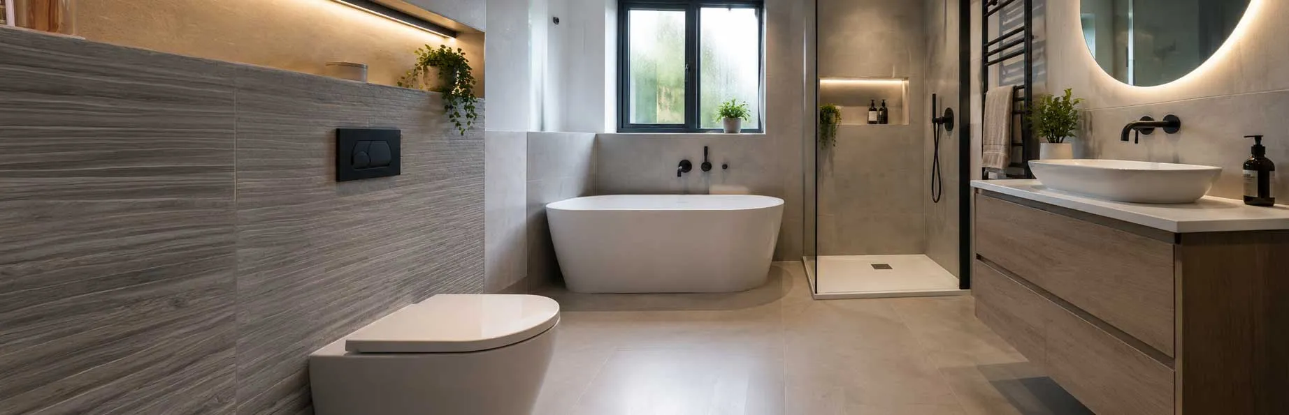 Modern fitted bathroom with freestanding bath, walk-in shower and contemporary fixtures.