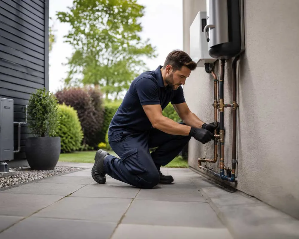 Professional heating engineer installing an energy-efficient air source heat pump outside a modern home.
