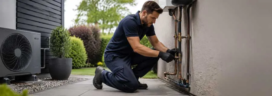 Farnborough plumbing and heating engineer working on sustainable home heating pipework.