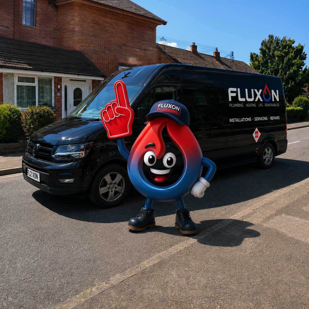 Fluxon Plumbing mascot standing beside a branded service van on a residential street.