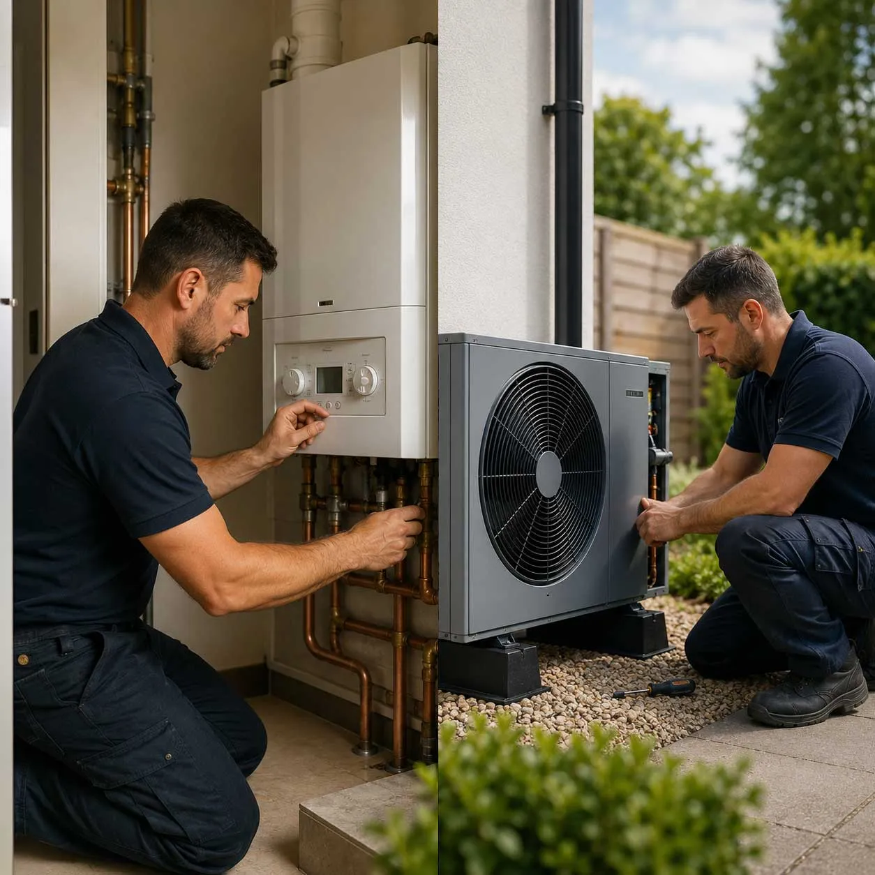 Heating engineer servicing a gas boiler and installing an energy-efficient air source heat pump.