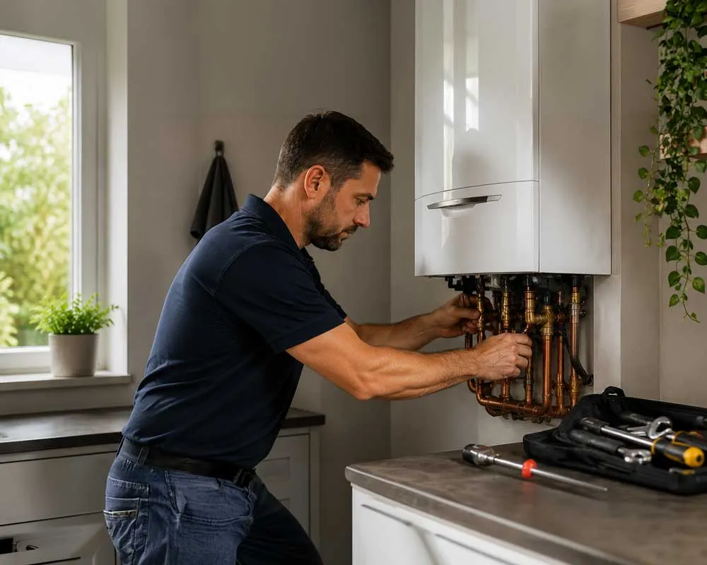 Gas Safe heating engineer servicing a modern wall-mounted boiler in a UK home.
