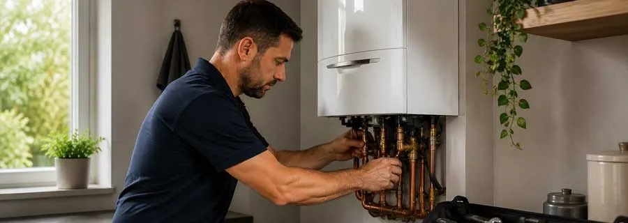 Professional boiler engineer completing heating repairs with tidy tools and exposed copper pipework.