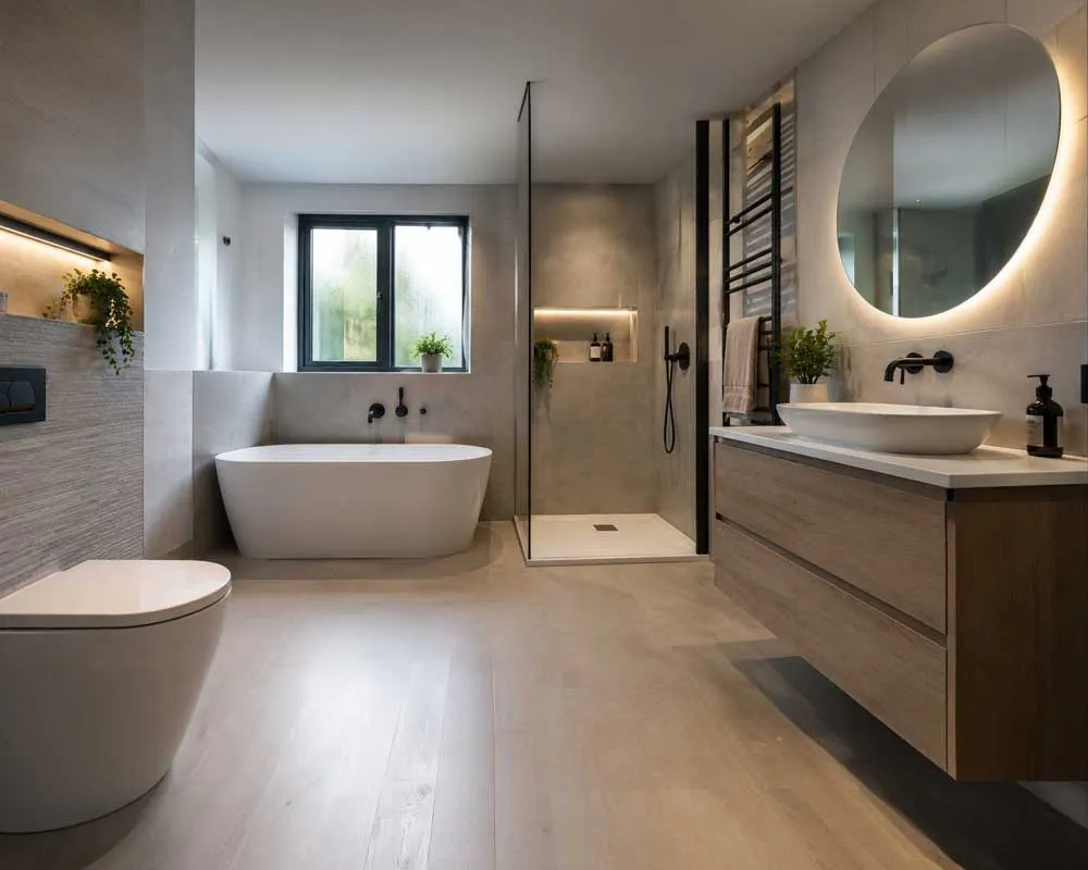Contemporary bathroom installation featuring a freestanding bathtub, walk-in shower and modern fittings.