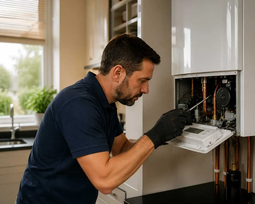 Gas Safe engineer carrying out annual boiler servicing in a modern UK home.