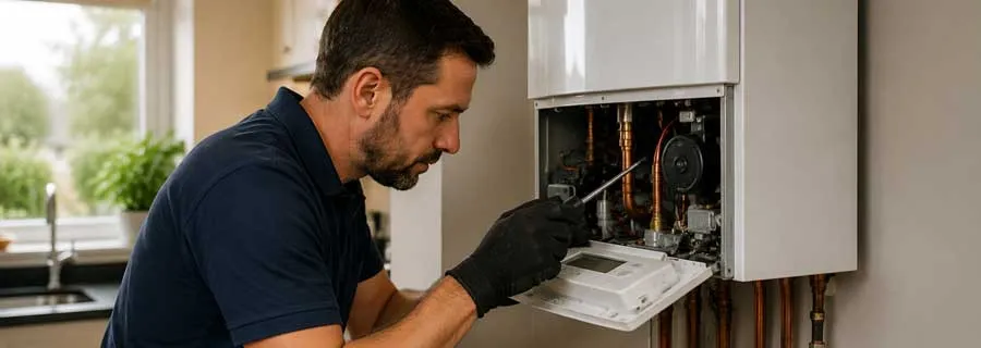 Professional heating engineer inspecting a wall-mounted boiler during routine maintenance.