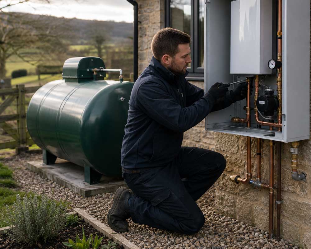 LPG-qualified heating engineer servicing an outdoor boiler beside a rural home.