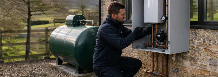 Gas Safe engineer inspecting an LPG heating system with an external fuel tank.